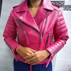 Women’s Hot Pink Motorcycle Leather Jacket Quilted Handmade Slim Fit Jacket